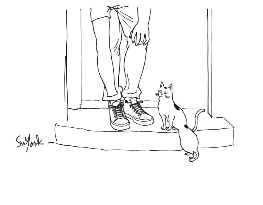 Hand-drawn line illustration of a person tying their sneakers on a front step while a curious cat watches