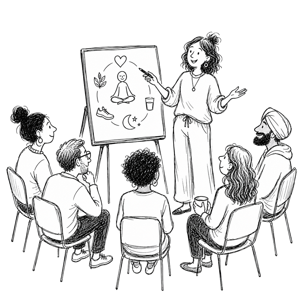Hand-drawn line illustration of a facilitator leading a small group wellness workshop